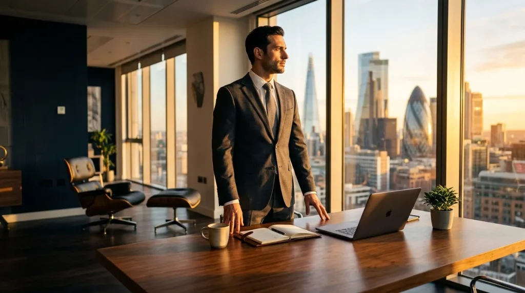 Homme d'affaires regardant par la fenêtre de son bureau