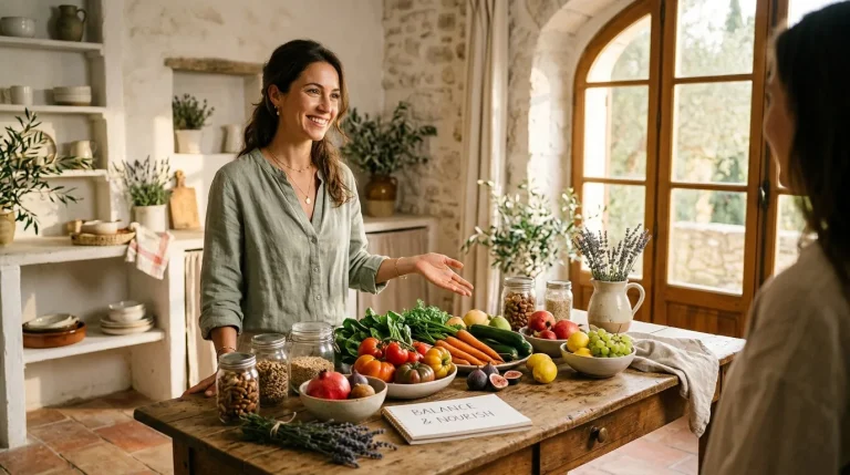 Femme souriante présentant fruits et légumes frais à table
