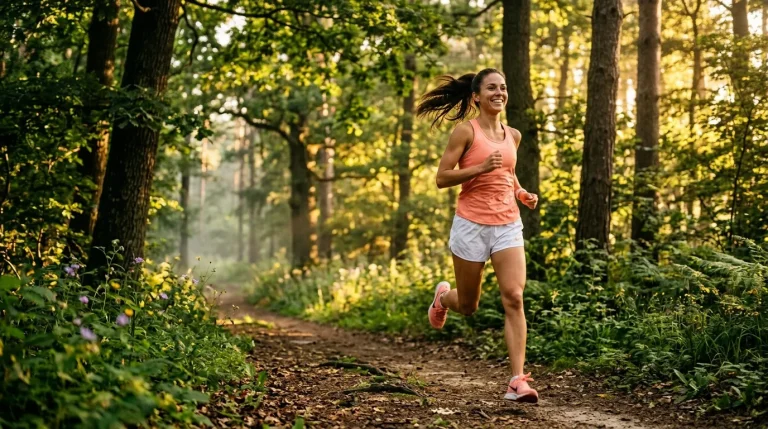 Femme jogging sur sentier forestier ensoleillé