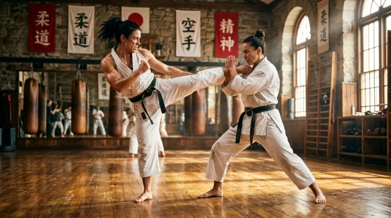 Deux karatékas s'entraînent au karaté dans un dojo traditionnel.