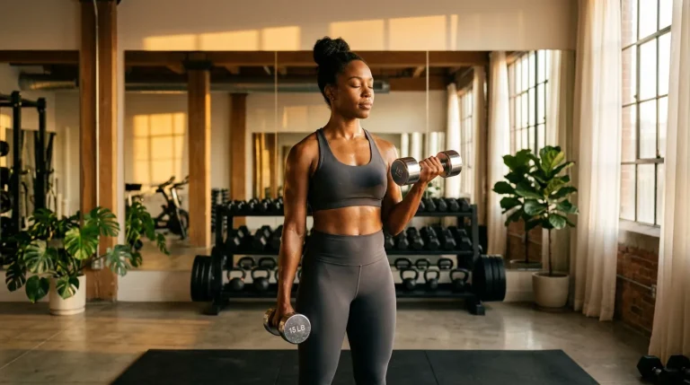 Femme musclée soulevant des haltères en salle gym