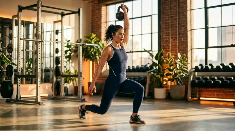 Femme effectuant un exercice avec kettlebell en salle de sport moderne