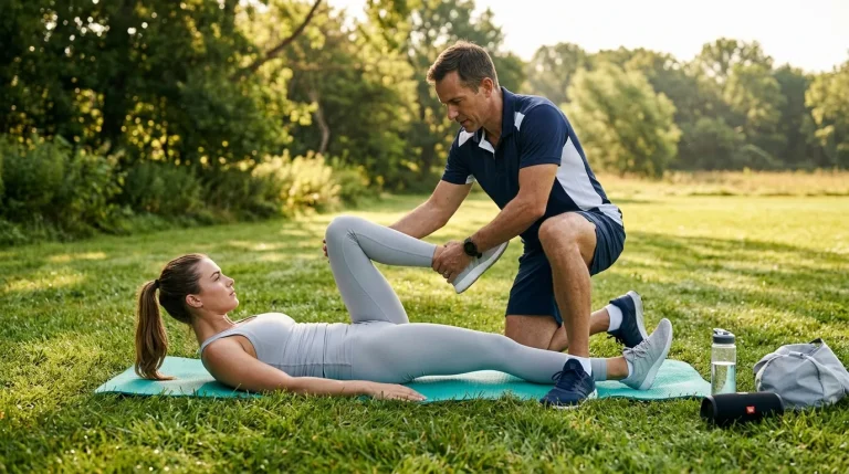 Coach aide femme étirement jambe parc herbe