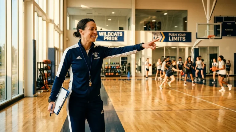 Entraîneuse souriante dirigeant l'équipe de volleyball