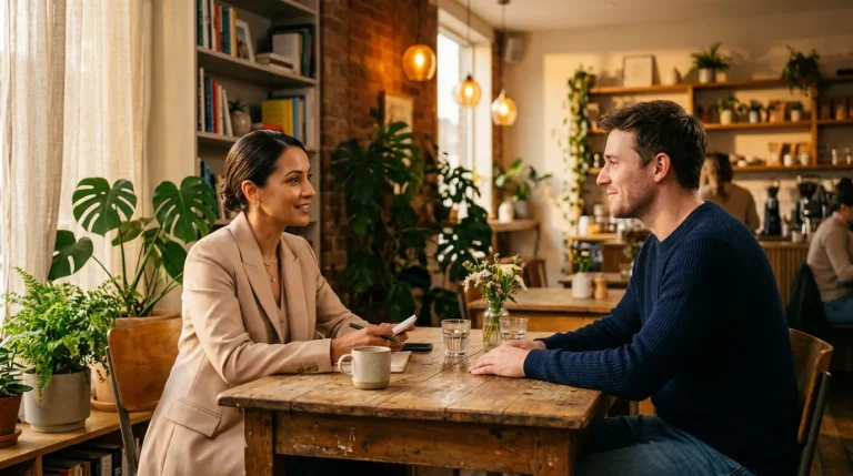 Deux professionnels discutent autour d'une table en bois dans un café.