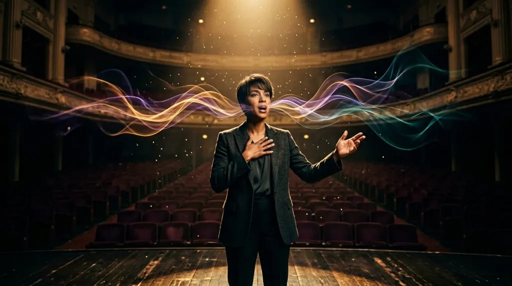 Femme en blazer chantant sur scène de théâtre avec effets lumineux colorés