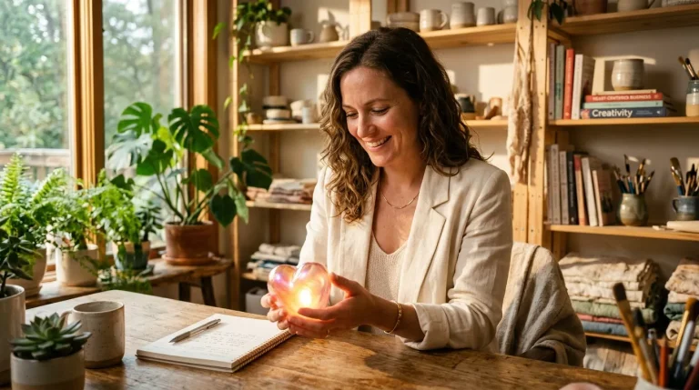 Femme souriante tenant une sphère lumineuse au bureau