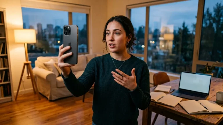 Femme tenant un téléphone lors d'une visioconférence professionnelle
