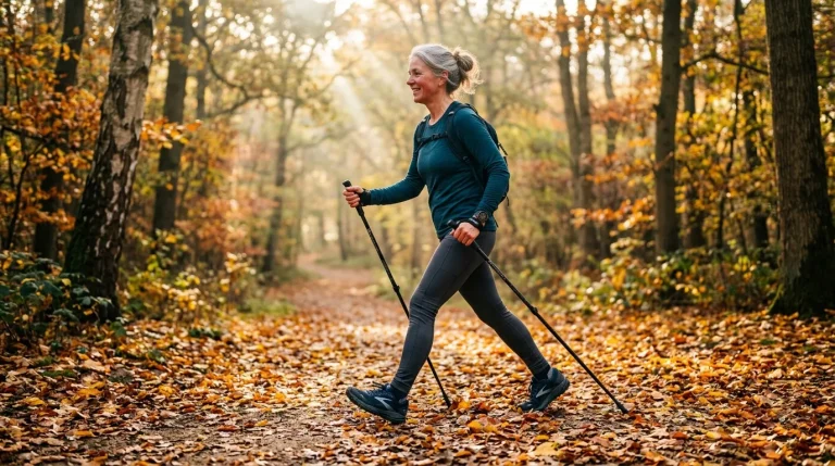 Femme avec bâtons de marche courant en forêt automnale
