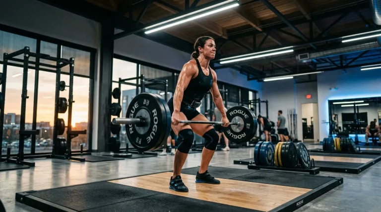 Athlète féminine effectuant un soulevé de barre chargée en salle de sport