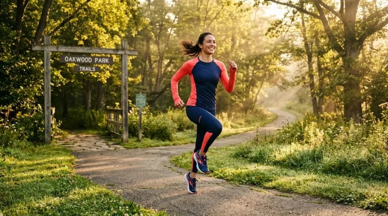 Femme qui court sur un sentier forestier ombragé.