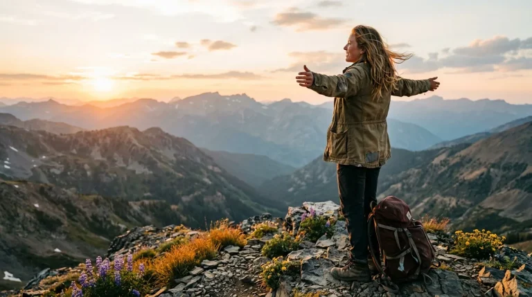 Femme bras ouverts au coucher de soleil montagneux