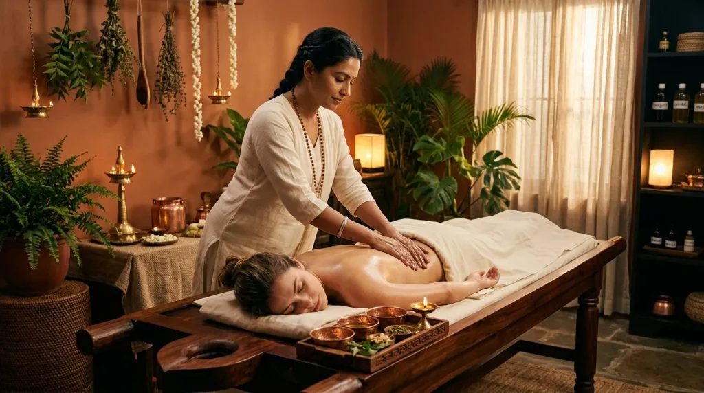 Thérapeute pratiquant un massage sur une cliente dans un spa relaxant