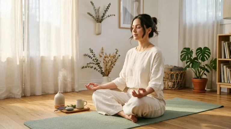 Femme en tenue blanche méditant sur tapis de yoga