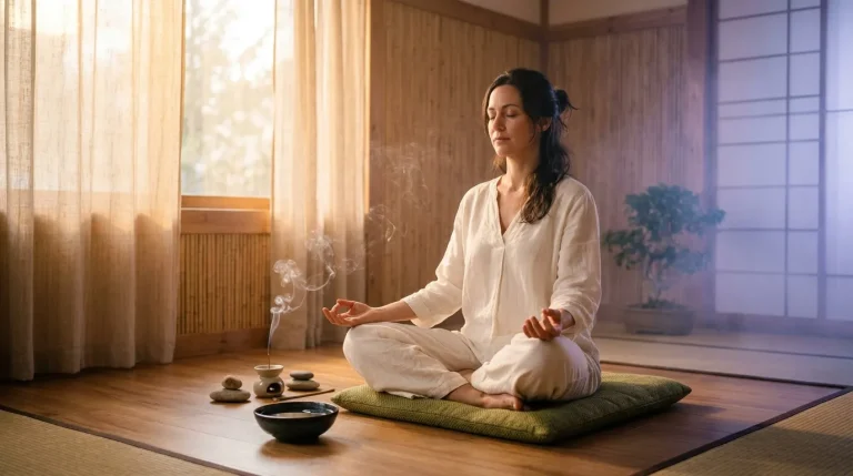Femme en blanc méditant dans un intérieur zen minimaliste