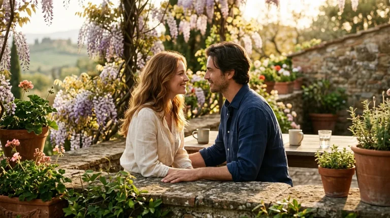 Couple assis à une table dans un jardin méditerranéen en fleurs