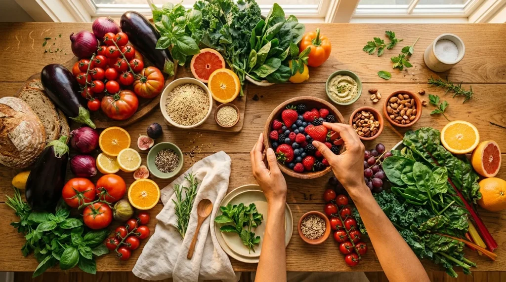 Mains préparant des fruits et légumes frais sur table en bois