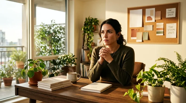 Femme pensative à son bureau entourée de plantes vertes