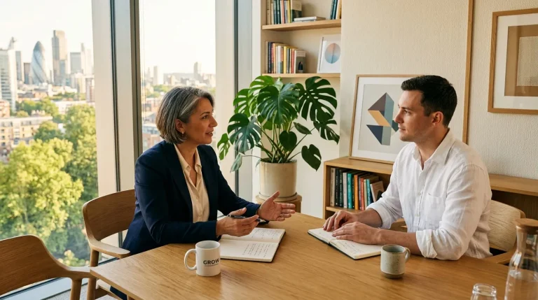 Deux professionnels discutent à une table de bureau avec vue urbaine
