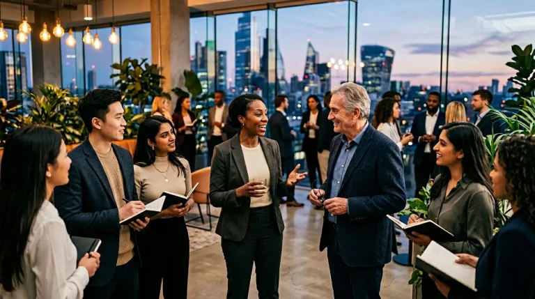 Groupe de professionnels discutant lors d'un événement d'affaires moderne.