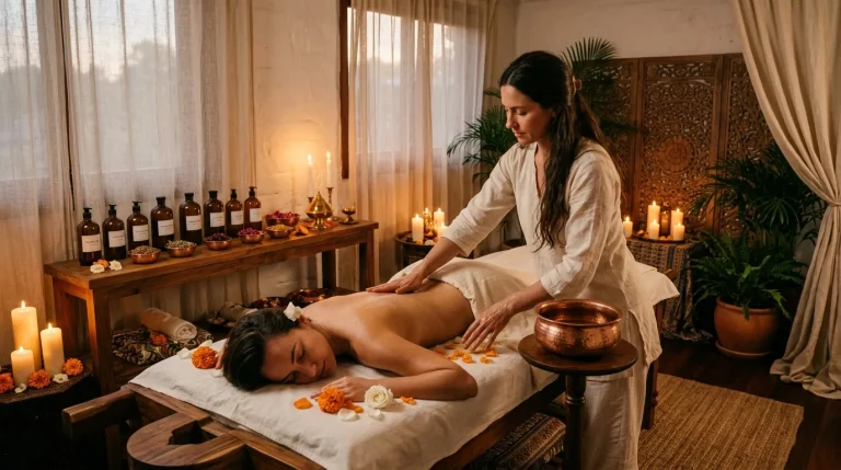 Thérapeute massant une cliente dans un spa luxueux avec bougies