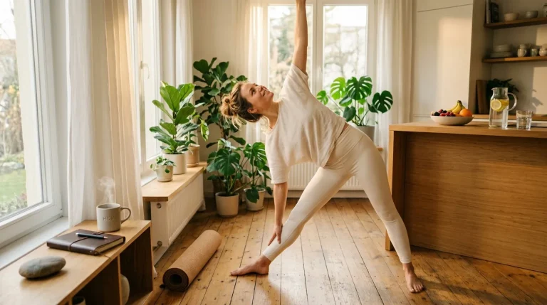 Femme pratiquant le yoga dans sa cuisine ensoleillée avec plantes vertes